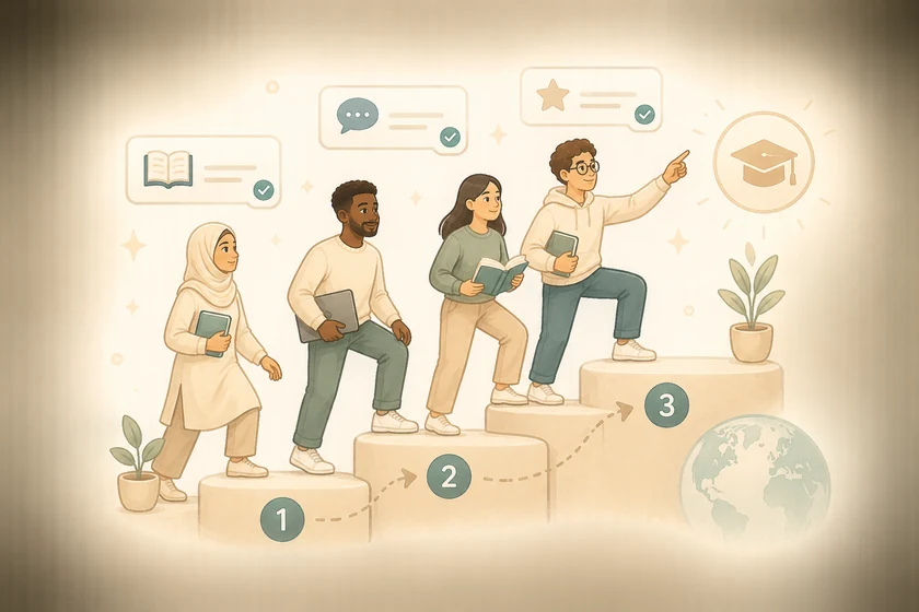 Illustration verschiedener Lernender, die Schritt für Schritt gemeinsam lernen